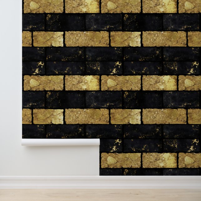 Gold and Black Bricks Pattern Wallpaper (Application)