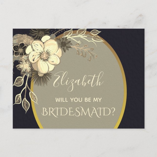 Gold and Black Bridesmaid Proposal Postcard (Front)