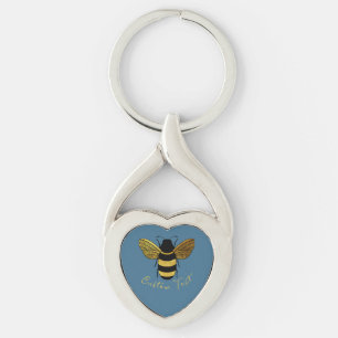 GOLD AND BLACK BUMBLE BEE ON BLUE WITH SCRIPT TEXT KEY RING