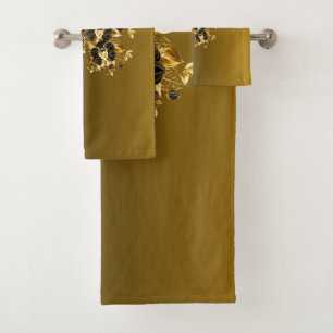 Gold and Black Butterfly Floral Art Bath Towel Set