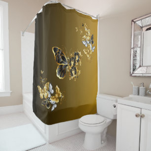 Gold and Black Butterfly Floral Art Shower Curtain