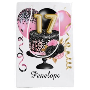 Gold and Black Cake 17th Birthday Name Medium Gift Bag