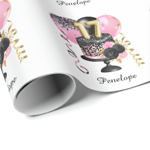 Gold and Black Cake 17th Birthday Name Wrapping Paper
