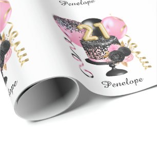 Gold and Black Cake 21st Birthday Name Wrapping Paper