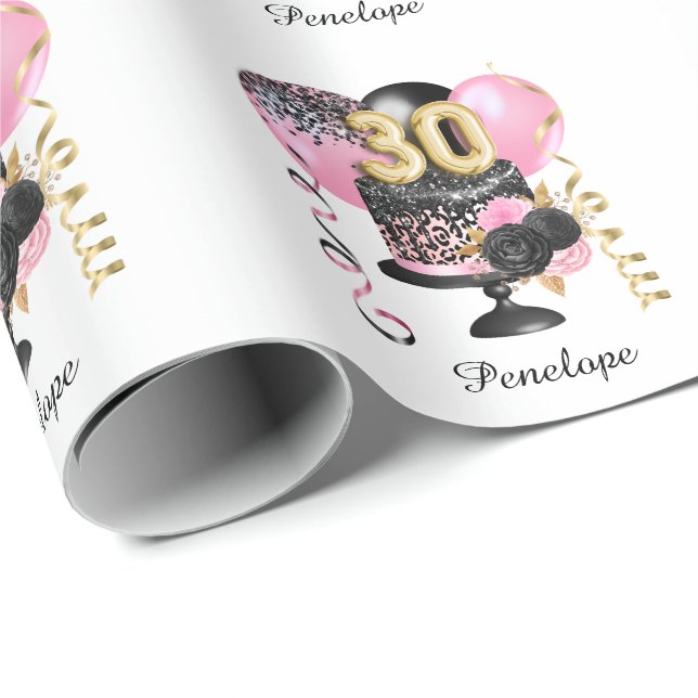 Gold and Black Cake 30th Birthday Name Wrapping Paper (Roll Corner)