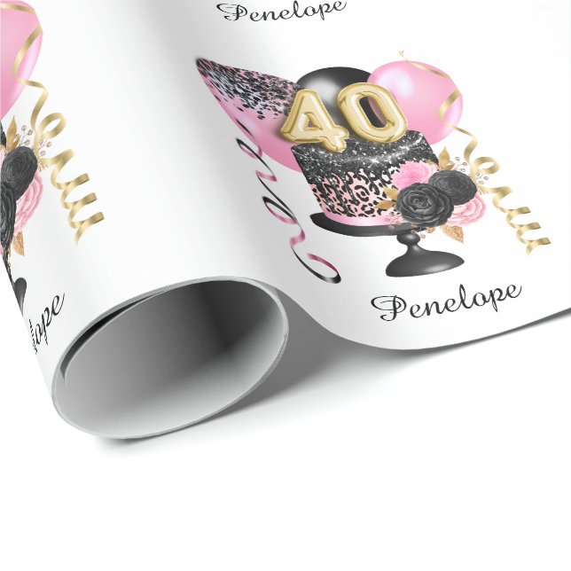 Gold and Black Cake 40th Birthday Name Wrapping Paper (Roll Corner)
