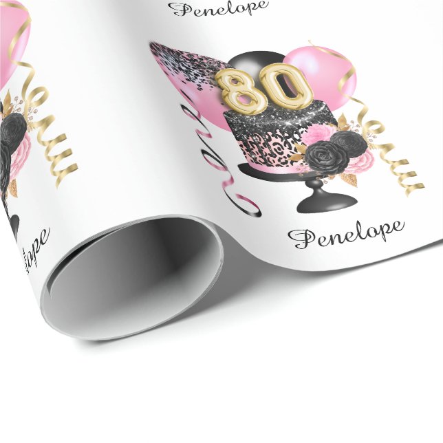Gold and Black Cake 80th Birthday Name Wrapping Paper (Roll Corner)