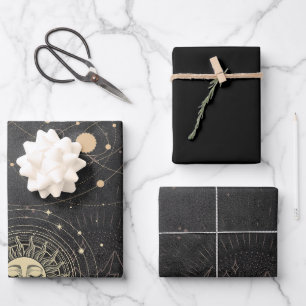 Gold and Black Celestial Bodies Wrapping Paper Sheet