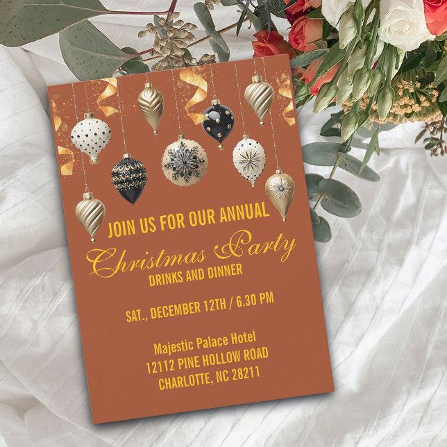 Gold and Black Christmas Baubles Invitation (Creator Uploaded)