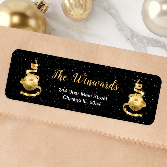 Gold and Black Christmas Ornament Return Address Label (Creator Uploaded)