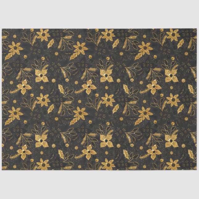 Gold and Black Christmas Poinsettia Flowers Tissue Paper (Front)