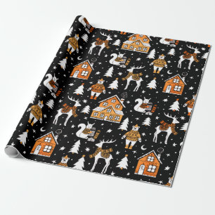 Gold and Black Christmas Polar Bear Deer Winter Wrapping Paper