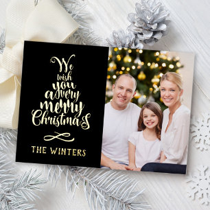 Gold and Black Christmas Tree Lettering Photo Foil Holiday Card
