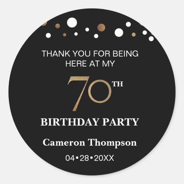 Gold and black confetti 70th birthday party classic round sticker (Front)
