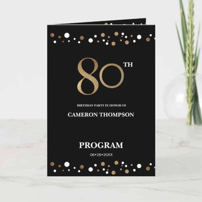 Gold and Black confetti 80th birthday program (Front)