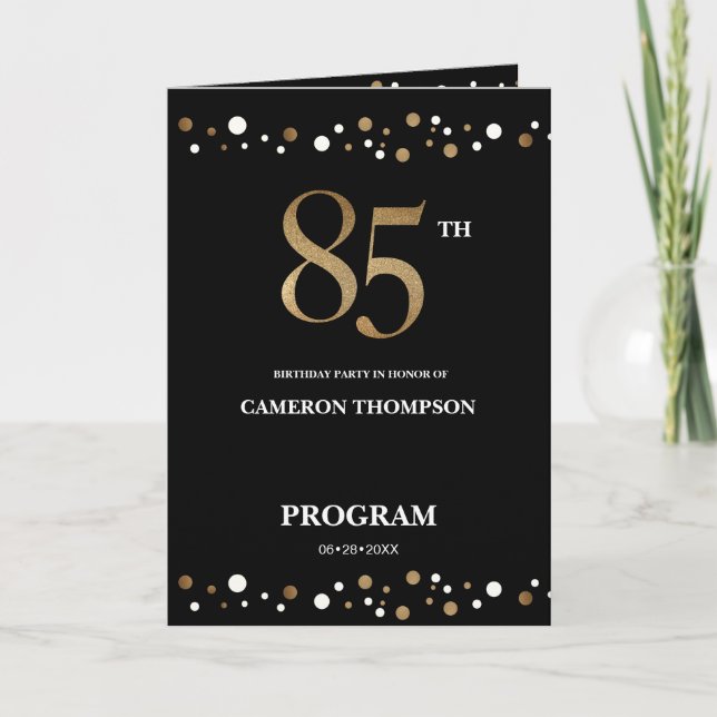 Gold and Black confetti 85th birthday program (Front)