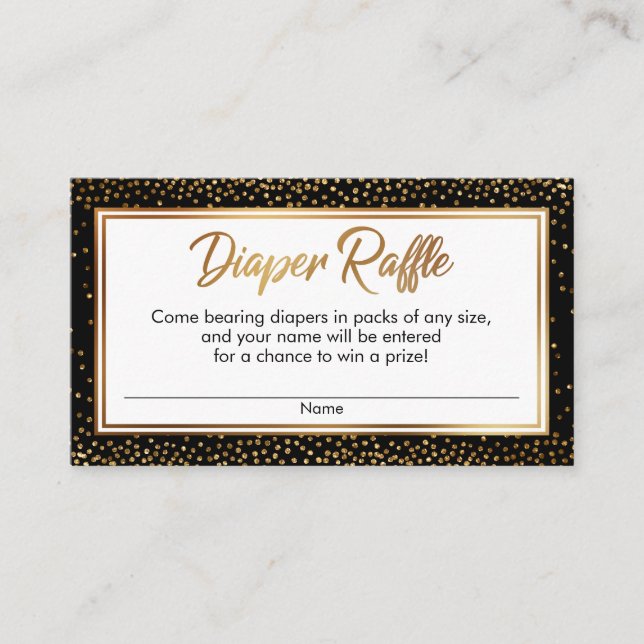 Gold and Black Confetti Diaper Raffle Ticket Cards (Front)