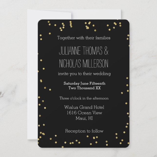 Gold and Black Confetti Dots Wedding Invitation (Front)