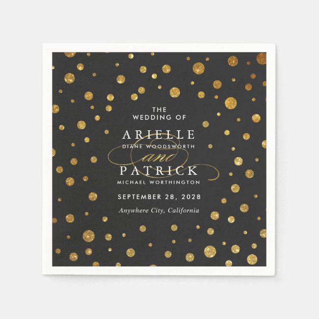 Gold and Black Confetti Foil Wedding Napkins (Front)