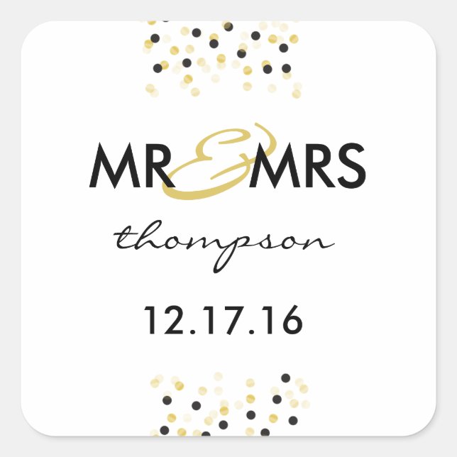 Gold and Black Confetti Mr & Mrs Sticker (Front)