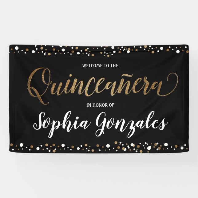Gold and black confetti Quinceanera Birthday Banner (Horizontal)