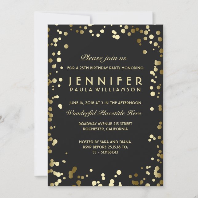 Gold and Black Confetti Vintage Birthday Party Invitation (Front)