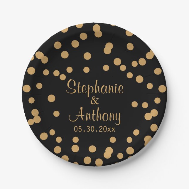 Gold and Black Confetti Wedding Paper Plate (Front)