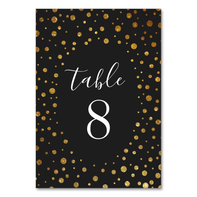 Gold and Black Confetti Wedding Table Number Cards (Front)