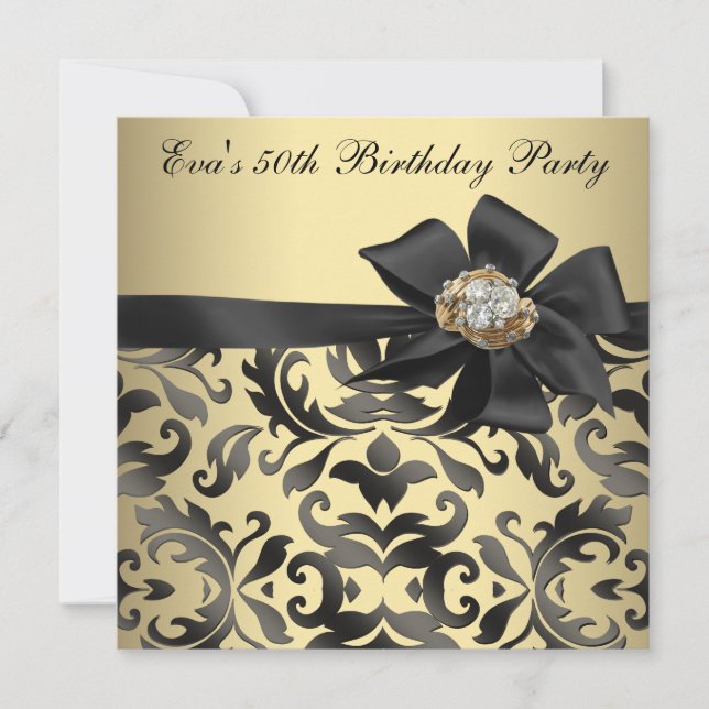 Gold and Black Damask 50th Birthday Party Invitation (Front)
