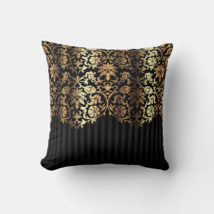 Gold and Black Damask and Stripes Cushion