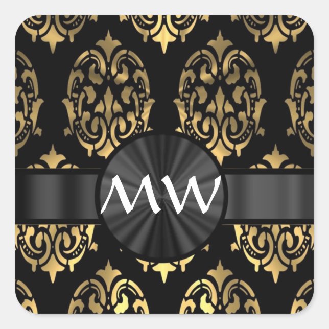 Gold and black damask monogrammed square sticker (Front)