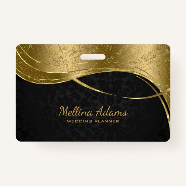 Gold And Black Damask Pattern ID Badge (Back)