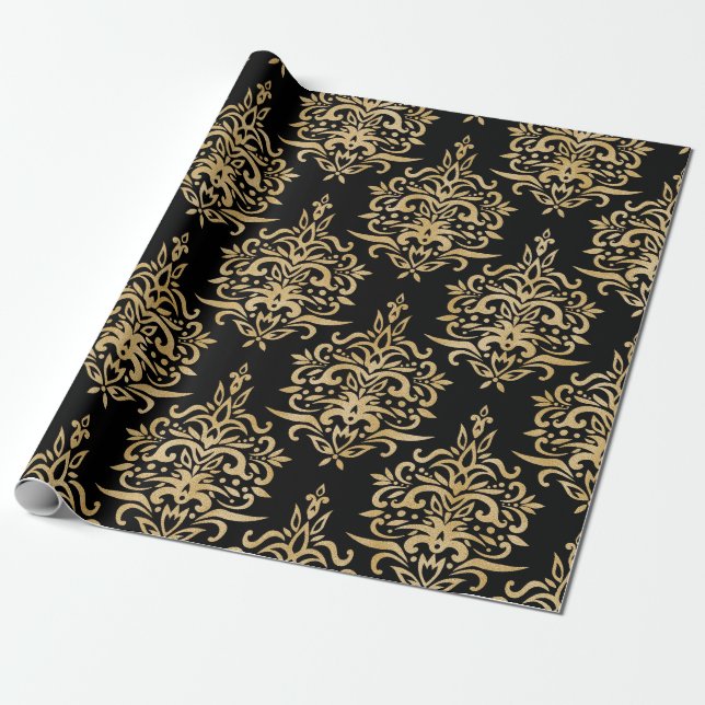 Gold and Black, Damask Pattern. Wrapping Paper (Unrolled)