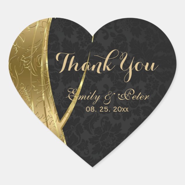 Gold And Black Damask-Thank You Heart Sticker (Front)