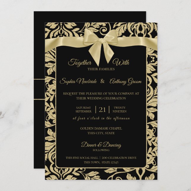 Gold and Black Damask with Bow Wedding Invitation (Front/Back)
