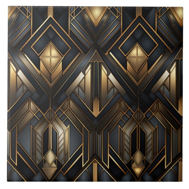 Gold and Black Deco, Cityscape View Ceramic Tile (Front)