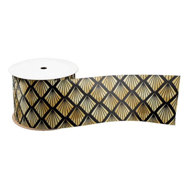 Gold and Black Diamond Art Deco Pattern Satin Ribbon (Spool)