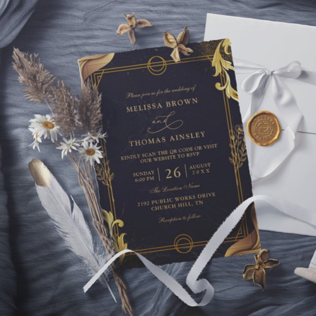 Gold and Black Elegant Budget QR Code Wedding Invitation (Creator Uploaded)
