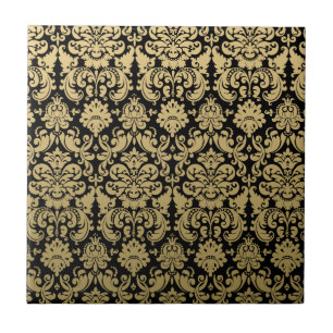 Gold and Black Elegant Damask Pattern Ceramic Tile
