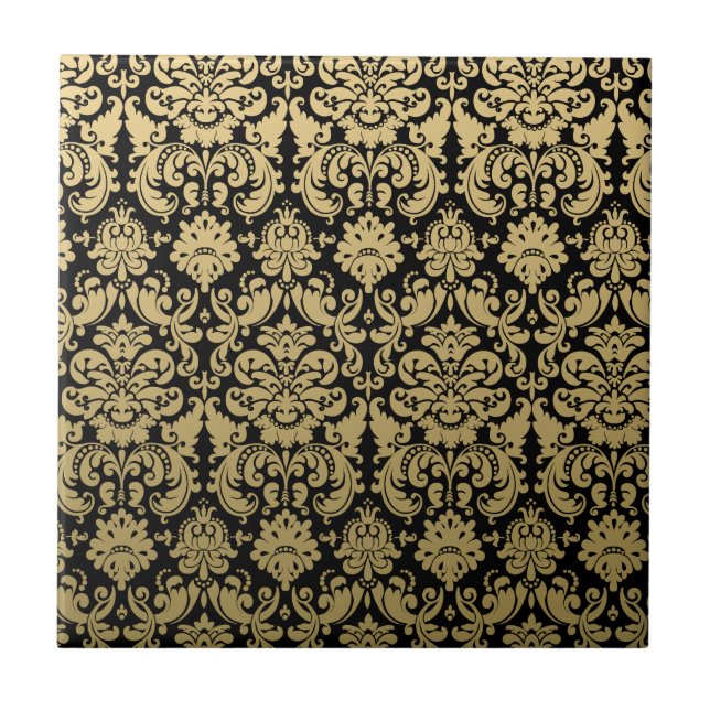Gold and Black Elegant Damask Pattern Ceramic Tile (Front)