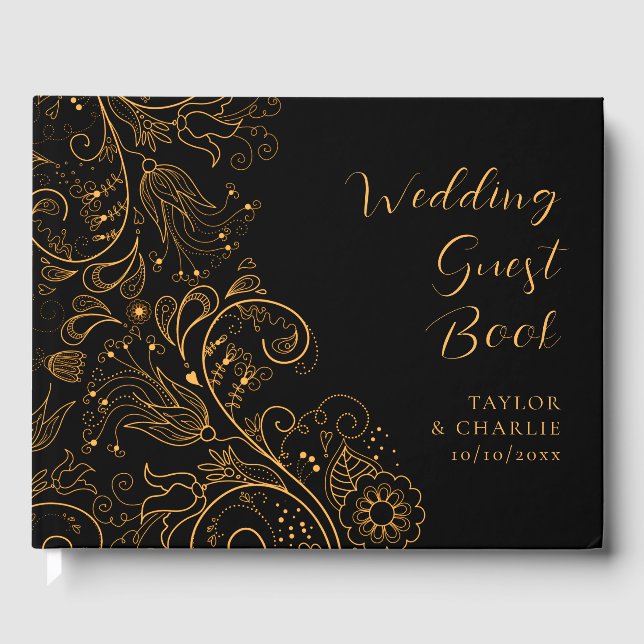 Gold and Black Elegant Floral Wedding Guest Book (Front)