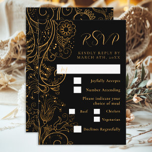 Gold and Black Elegant Floral Wedding Meal Choice RSVP Card