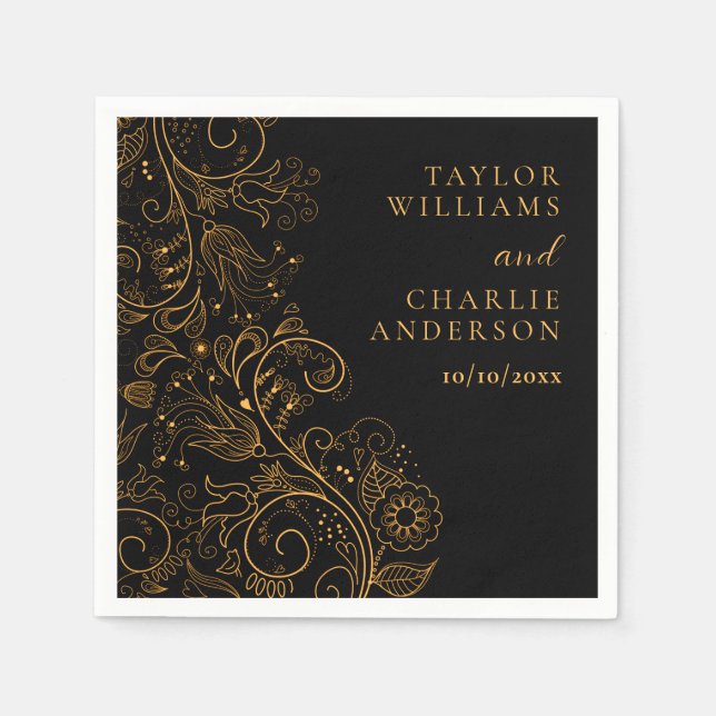 Gold and Black Elegant Floral Wedding Napkin (Front)