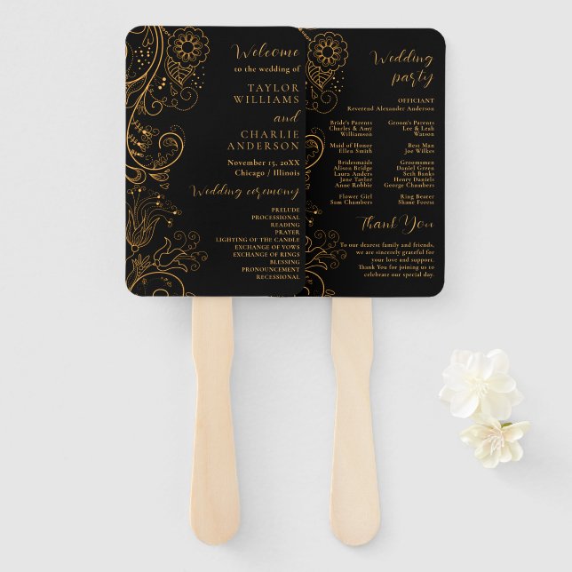 Gold and Black Elegant Floral Wedding Program Hand Fan (Front and Back)