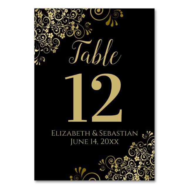 Gold and Black Elegant Frilly Wedding Table Number (Front)