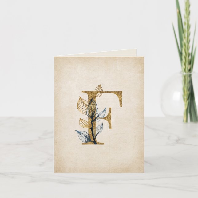 Gold and Black F Monogram With Leaves Note Card (Front)