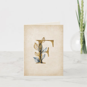Gold and Black F Monogram With Leaves Note Card