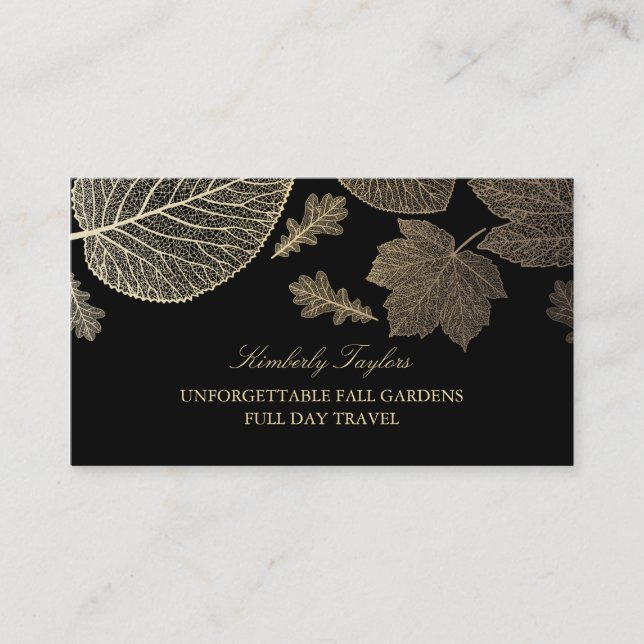 Gold and Black Fall Leaves Elegant Business Card (Front)