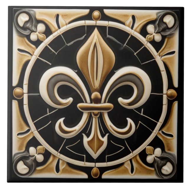 Gold and Black Fleur de Lis Faux Relief Ceramic Tile (Front)