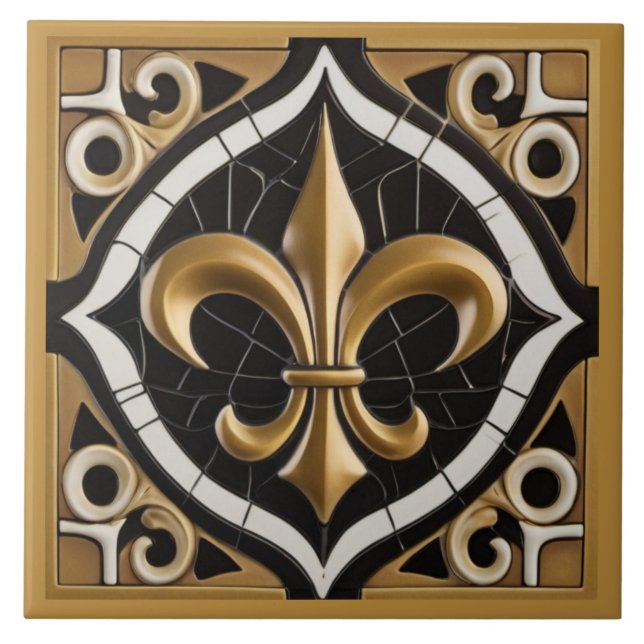 Gold and Black Fleur de Lis Faux Relief Tan Ceramic Tile (Front)